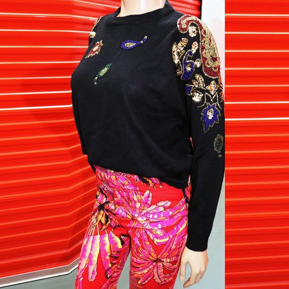 HOLIDAY Christmas BEADED Sequin Gemstone sweater TOP S-M-L - Picture 4 of 6